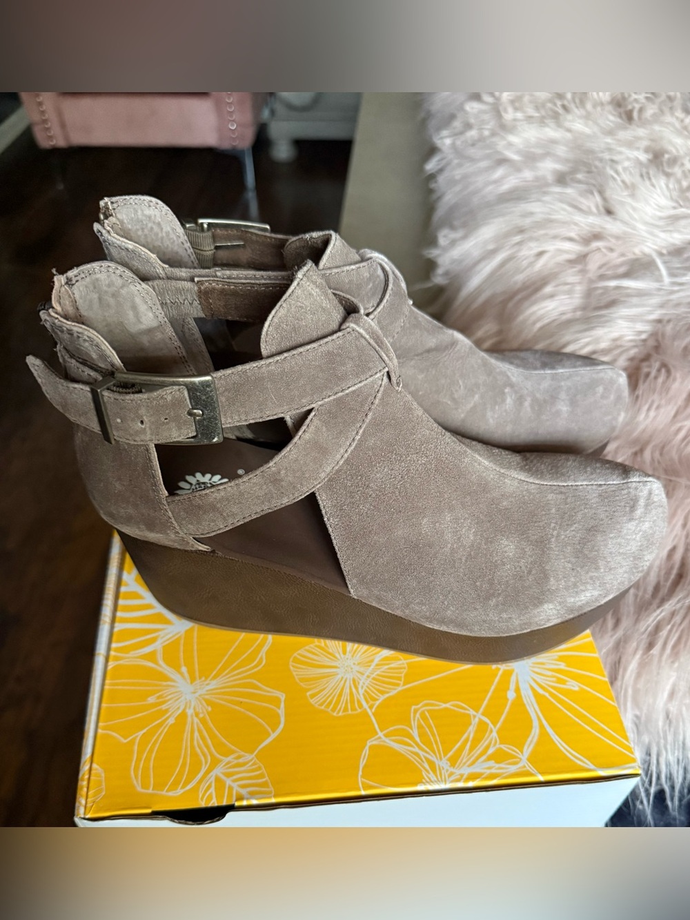 Yellow Box Taupe Suede Wedge Ankle Booties with Buckle Strap